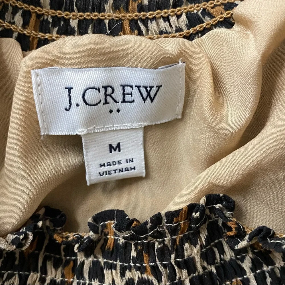 J. CREW TOP BLOUSE LEOPARD ANIMAL PRINT CREAM BROWN LONG SLEEVE SMOCKED NECK M